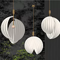 Stylish White And Gold Striped Pendant Lights Hanging In Gray Wall Background With Green Plants