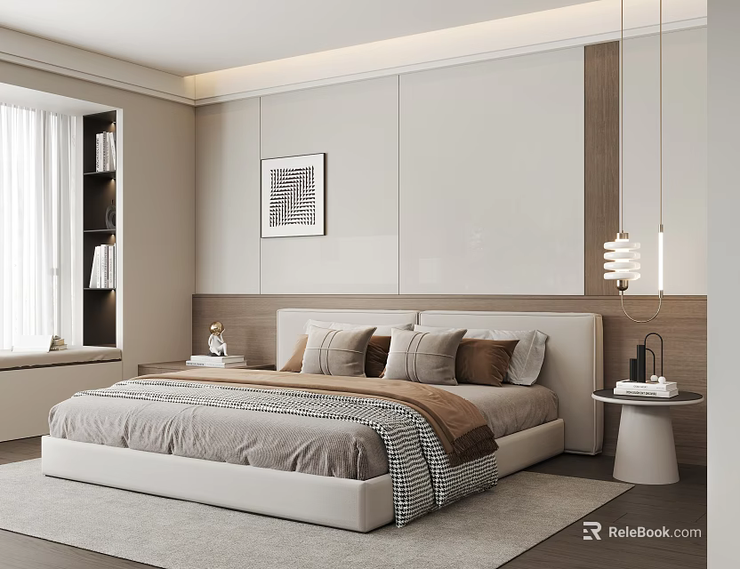 Modern Bedroom Interior Design With Large Bed White Wooden Wall Art Window Bookshelf Minimalist Chandelier 3d model 