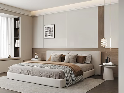 Modern Bedroom Interior Design With Large Bed White Wooden Wall Art Window Bookshelf Minimalist Chandelier 3d model