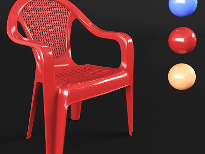 Red Plastic Leisure Chair with Perforated Back and Colorful Balls on Black Background 3d model