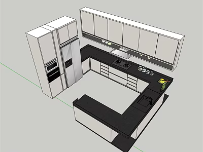 U Shaped Modern Kitchen With Black Countertop Island Cabinets And Appliances 3d model