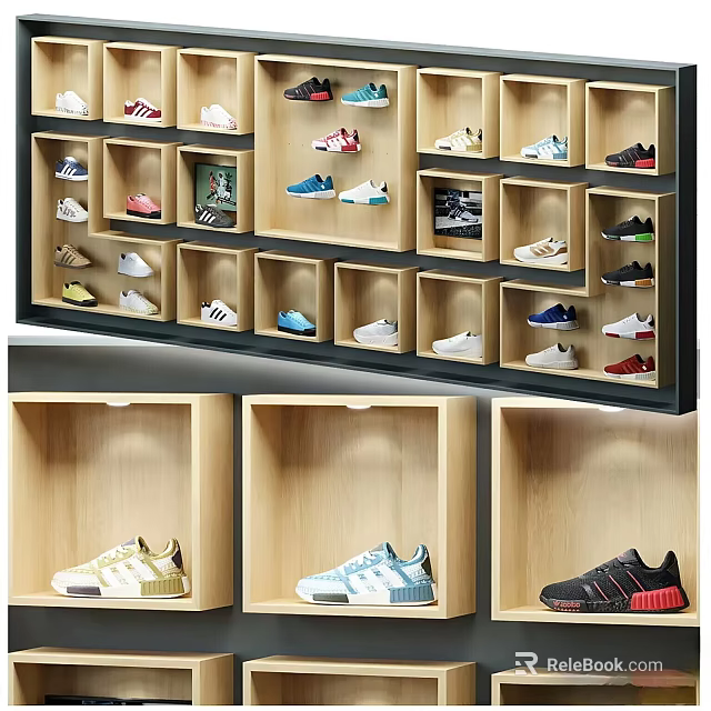 Stylish Sneakers Decorative Display Set with Wooden Wall Shelves and Organized Arrangement 3d model 