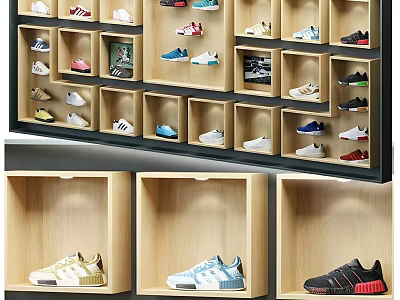 Stylish Sneakers Decorative Display Set with Wooden Wall Shelves and Organized Arrangement 3d model