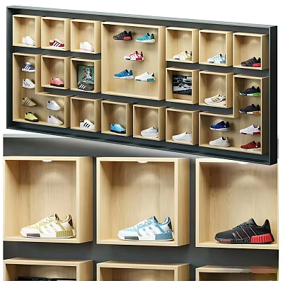 Stylish Sneakers Decorative Display Set with Wooden Wall Shelves and Organized Arrangement 3d model