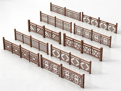 Traditional Chinese Wooden Railings With Intricate Carvings Arranged In Rows 3d model