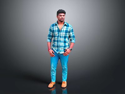 A Man In Blue And White Plaid Shirt Blue Pants Brown Shoes On Gray Background 3d model