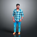 A Man In Blue And White Plaid Shirt Blue Pants Brown Shoes On Gray Background