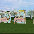 Outdoor Commercial Equipment Fruit Themed Stalls With Striped Canopies On Grassland