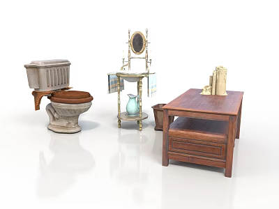 Household Living Essentials Including Wooden Toilet Vanity Table With Mirror Ceramic Vase And Towels 3d model