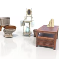 Household Living Essentials Including Wooden Toilet Vanity Table With Mirror Ceramic Vase And Towels