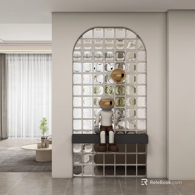 Modern Entryway Interior Design With Arched Glass Block Wall Decorative Figurine And Potted Plant 3d model 