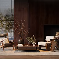 Modern Living Room Interior with Comfortable Leisure Chair Wooden Coffee Table and Decorative Plants