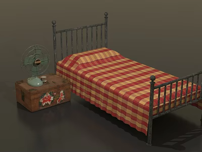 Vintage Iron Bed Frame With Red And White Checkered Bedspread Wooden Trunk And Fan 3d model