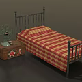 Vintage Iron Bed Frame With Red And White Checkered Bedspread Wooden Trunk And Fan