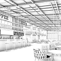 Industrial Style Café Interior With Wooden Bar Round Tables And Hanging Lights