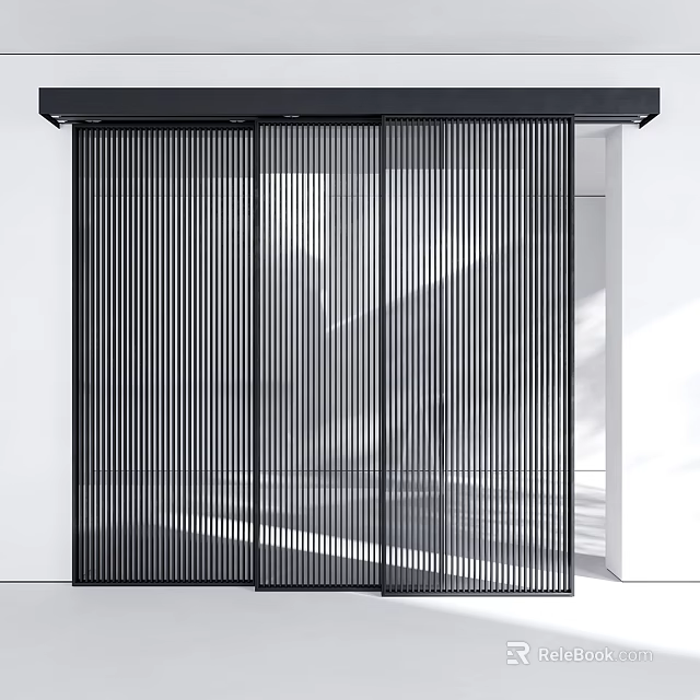 Modern Black Swing Door With Vertical Slats And Glass Panel Design 3d model