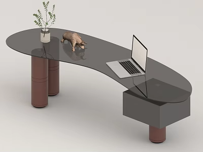 Modern Office Desk With Laptop Green Plant Small Animal Decor And Brown Cylindrical Legs 3d model