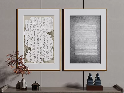 Framed Calligraphy Wall Paintings With Decorative Vases And Figurines On Light Background 3d model