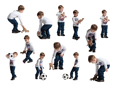 Multiple Kids Playing With Soccer Balls And Toy Animals In Various Poses 3d model
