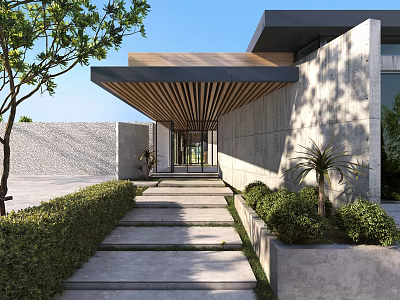 Modern Sales Office Building With Concrete Walls Wooden Slat Roof And Landscaped Stone Steps 3d model
