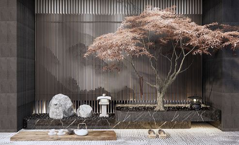 Japanese style landscape sketch courtyard landscape sketch landscape wall sketch stone set stone withered mountain stone tea table Zen landscape maple tree 3d model