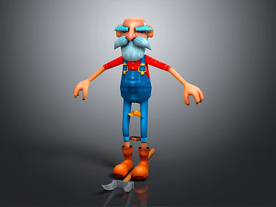 Cartoon Elderly Bald Character With Blue Glasses White Beard Red Shirt Blue Overalls Orange Boots 3d model