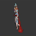 3D Traditional Character Model With Blue Top Red Skirt Decorative Headpiece And Flowing Ribbons