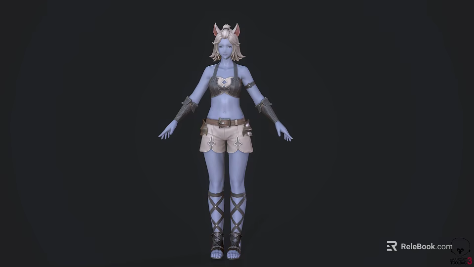 Blue Skinned Fantasy Game Character With Fox Ears Bikini Top And Strappy Shorts 3d model 