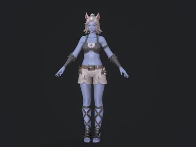 Blue Skinned Fantasy Game Character With Fox Ears Bikini Top And Strappy Shorts 3d model