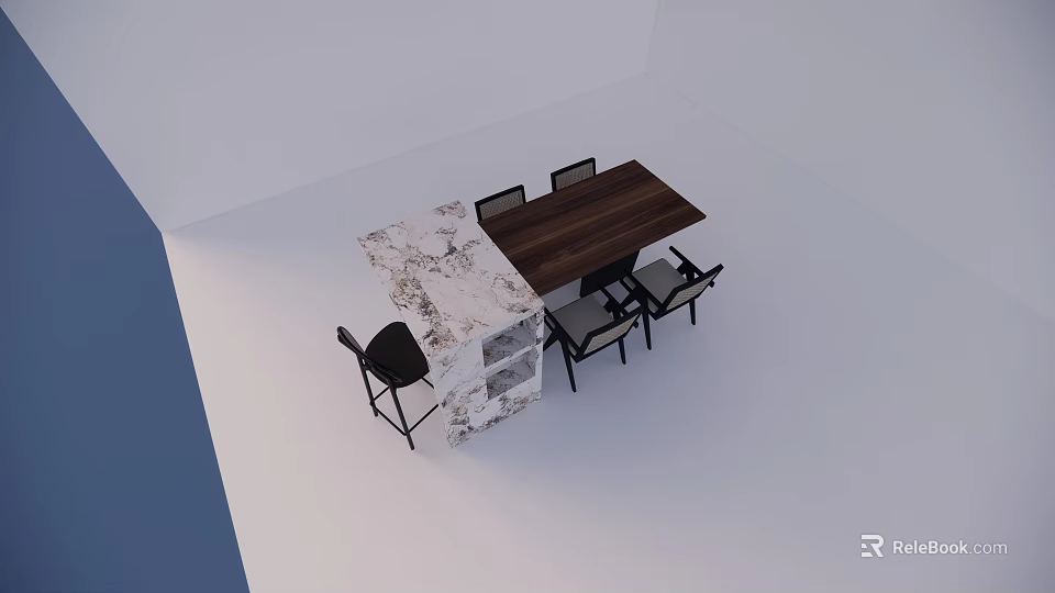 Modern Dining Table Set With Wooden Top Black Chairs And Marble Counter Island 3d model 