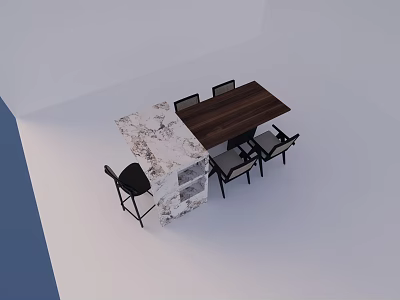 Modern Dining Table Set With Wooden Top Black Chairs And Marble Counter Island 3d model