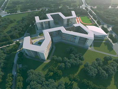 Modern School Campus Design With Connected Buildings Green Lawns And Sports Field 3d model