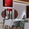 Elegant Chinese Restaurant Dining Area With Wooden Ceiling Red Decor And Circular Elements 3d model