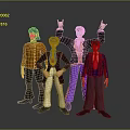Cartoon Band Characters In Beatles Style With Different Costumes And Various Poses On Gray Background