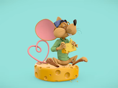 Cartoon Mouse Wearing Blue Eye Mask Green Shirt Holding Cheese On Yellow Cheese With Heart 3d model