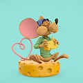 Cartoon Mouse Wearing Blue Eye Mask Green Shirt Holding Cheese On Yellow Cheese With Heart