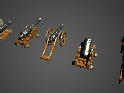 Various Ancient Artillery Weapons with Wooden Carriages Metal Barrels and Classic Designs 3d model