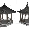 Two Traditional Chinese Pavilions With Ornate Roofs And Stone Base Structures