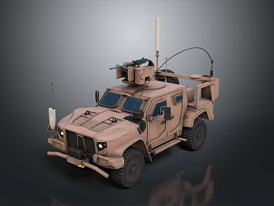 Tan Armored Military Vehicle With Roof Mounted Equipment Antenna Tinted Windows And Black Wheels 3d model