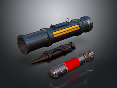 Military Weapons Collection Featuring Black Yellow Stripe Cylindrical And Red Silver Conical Ordnance 3d model
