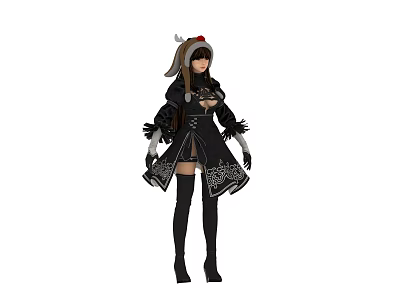 Woman In Black Lace Dress With Red Decorated Hat Long Boots And Gloves 3d model