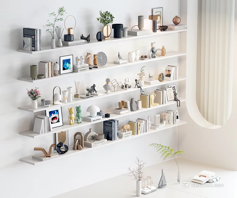 Decorative Ornament Combination On White Wall Shelves With Books Small Sculptures Plants Photo Frames 3d model 