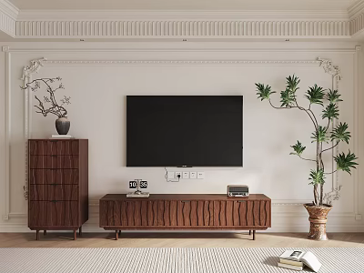 Elegant Wooden TV Stand With Flat Screen TV And Potted Plant In Living Room 3d model
