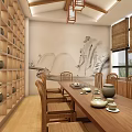 Traditional Chinese Tea Room Interior With Wooden Table Teapot Cups And Chairs