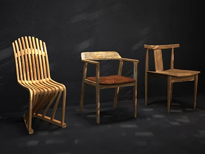 Set Of Three Modern Wooden Accent Chairs With Striped Backrest Armrest And Simple Structure 3d model