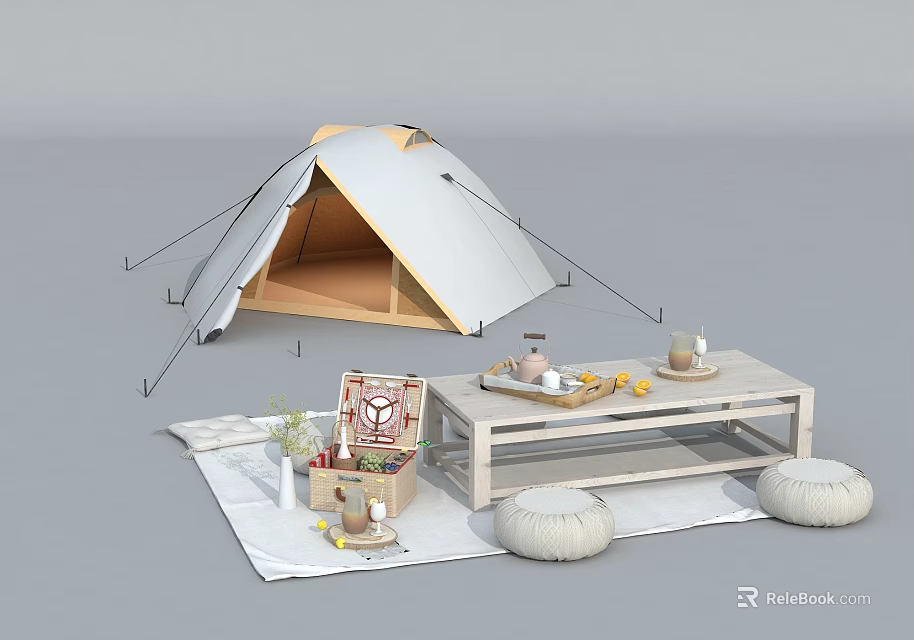 Cozy A Frame Tent Outdoor Setup with Wooden Coffee Table Floor Cushions and Picnic Supplies 3d model 
