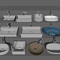 Various Stylish Washbasins Featuring Different Shapes Colors And Faucets On Display Shelves
