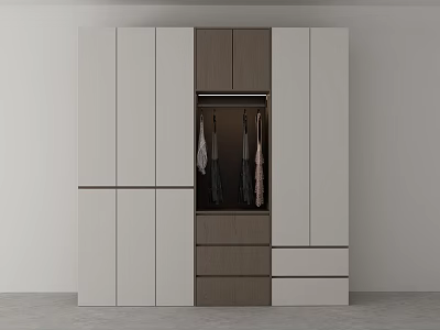 Modern Wardrobe Design With White And Brown Panels Open Hanging Section And Drawers 3d model