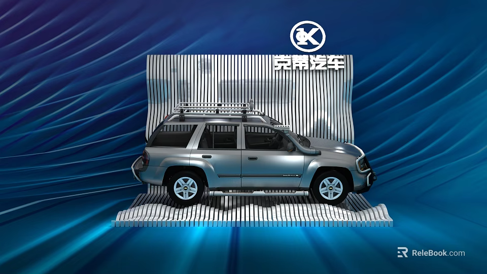 Modern Display Shelf for Car Model with Striped Structure and Blue Background Design 3d model