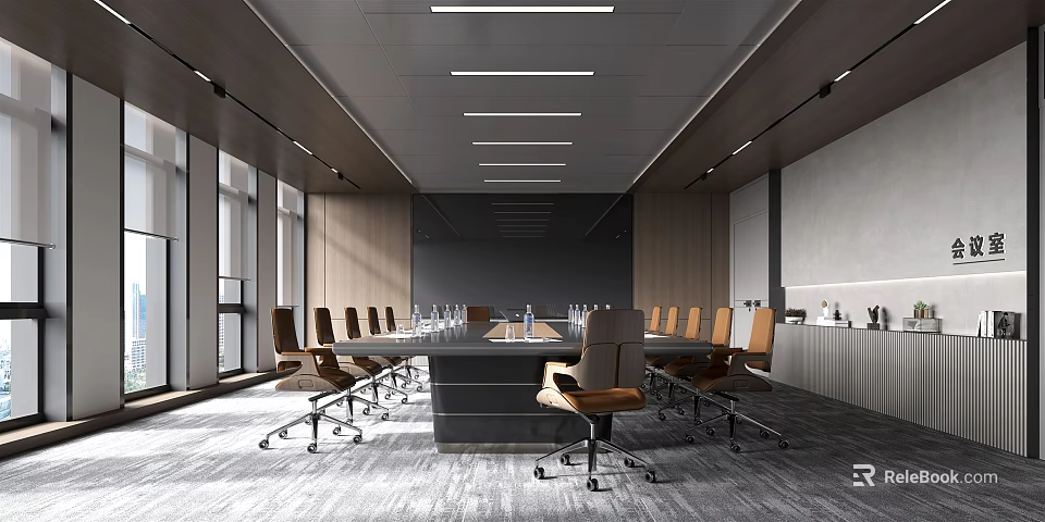 Modern Conference Room Interior Design With Long Table Leather Chairs Windows And Natural Light 3d model 